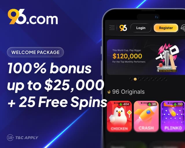 96.com Casino welcome bonus - Mobile screenshot showing game originals and welcome package. details.