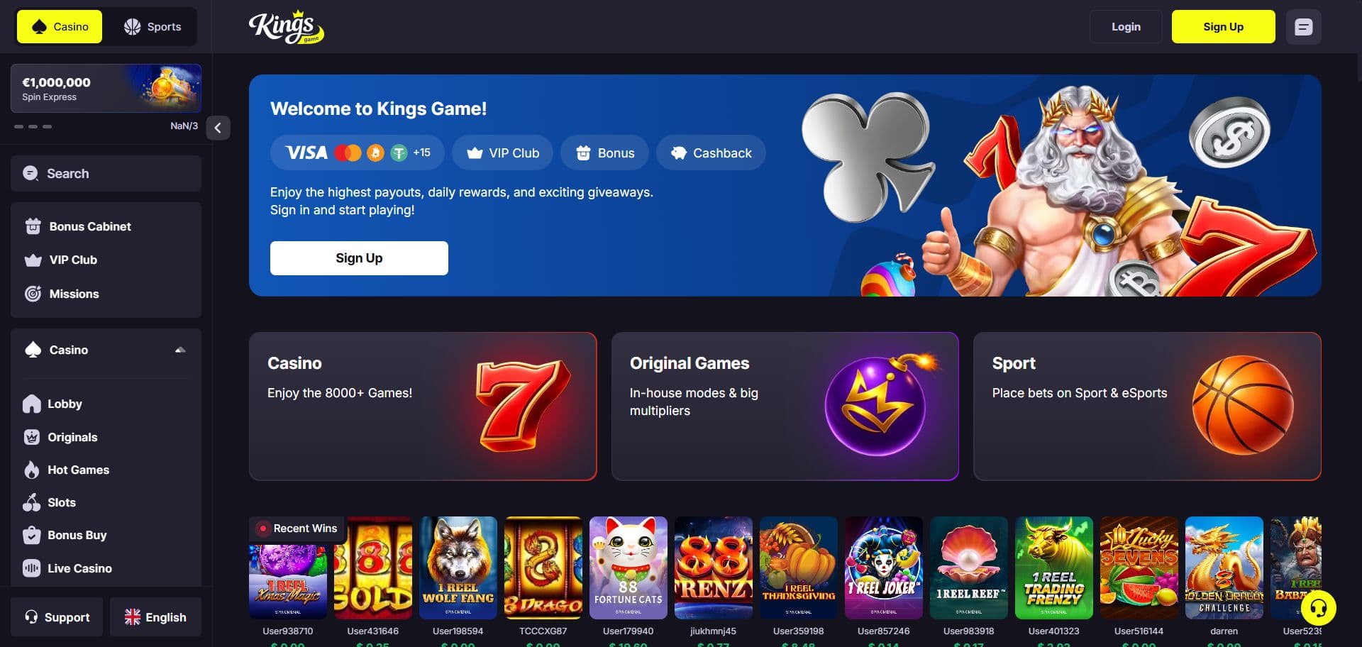 Página de inicio de Kings.game