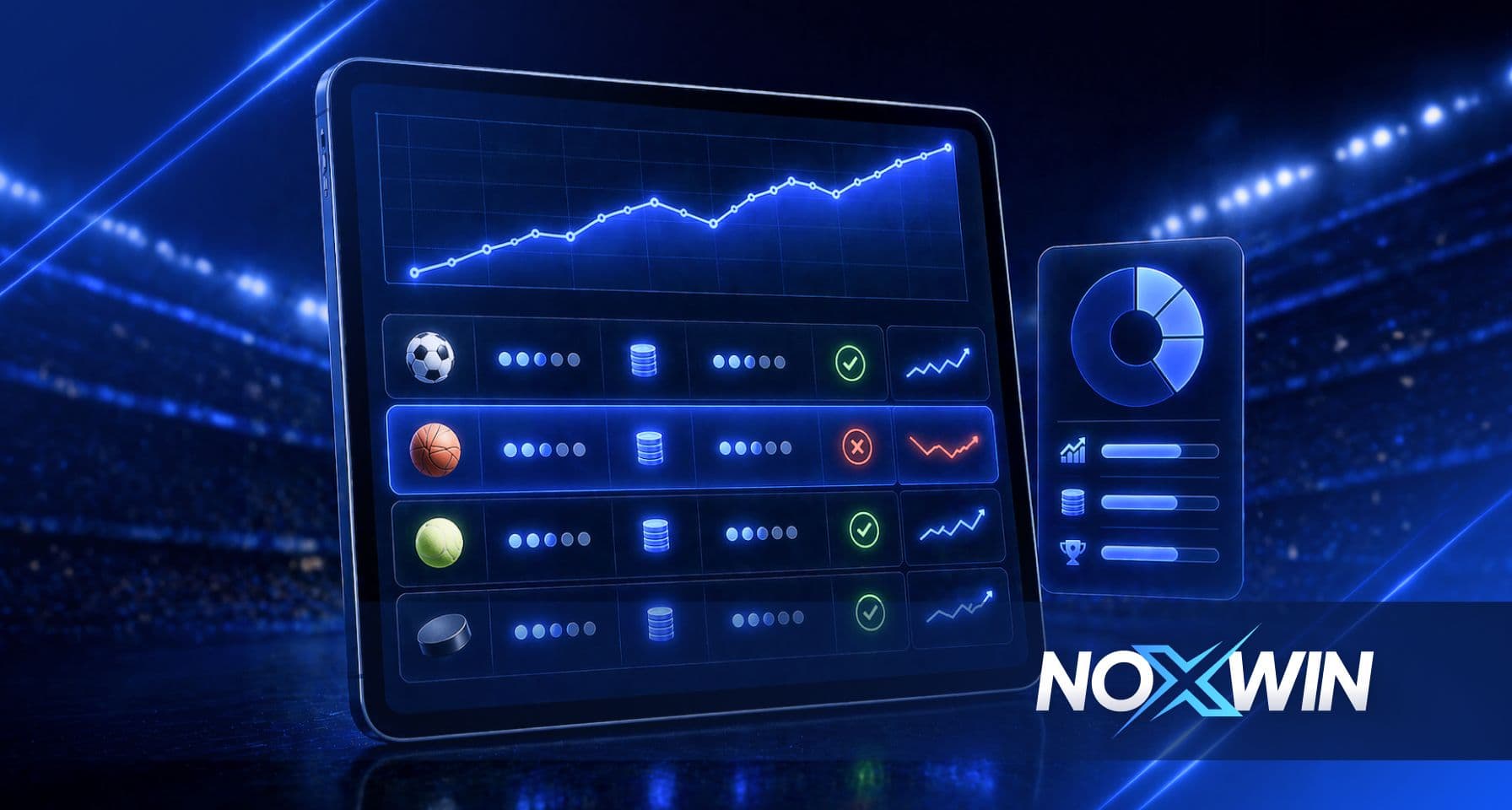 Sports betting performance dashboard on a tablet showing graphs and icons for football markets, illustrating how Noxwin punters track value bets and betting metrics.