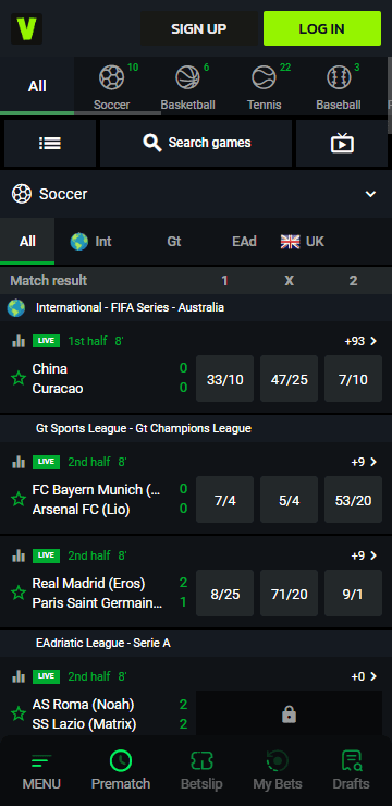 VeloBet mobile sportsbook live betting page with in-play games and odds.
