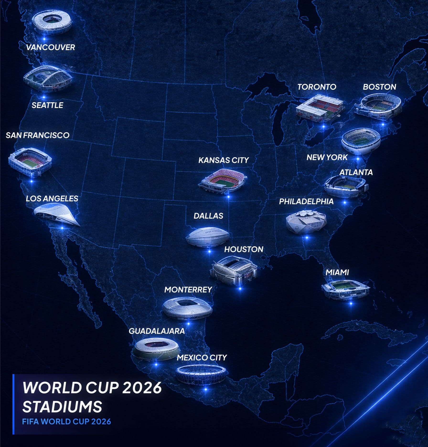 World Cup 2026 stadium map showing host venues across the USA, Canada and Mexico.