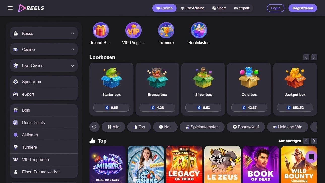 Reels Casino Homepage Desktop