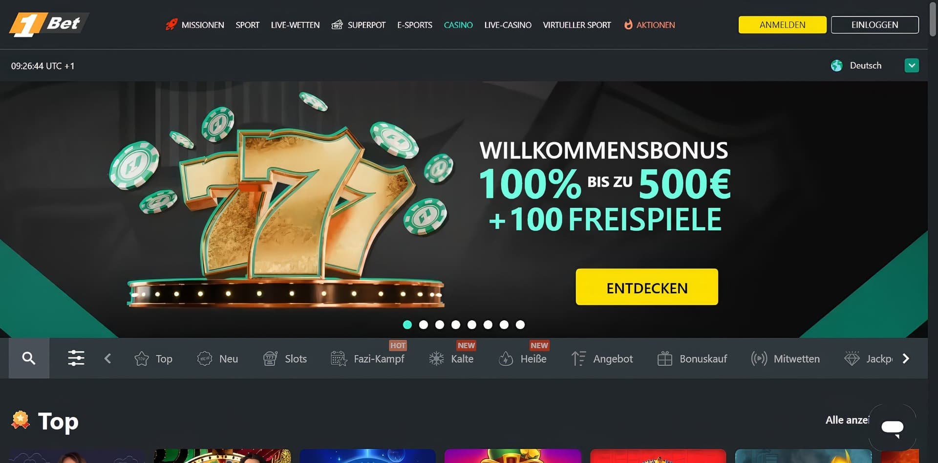 1Bet Casino Startseite Desktop