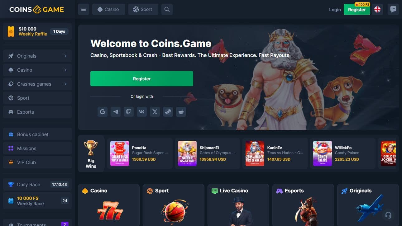 Coins.game Casino Homepage Desktop