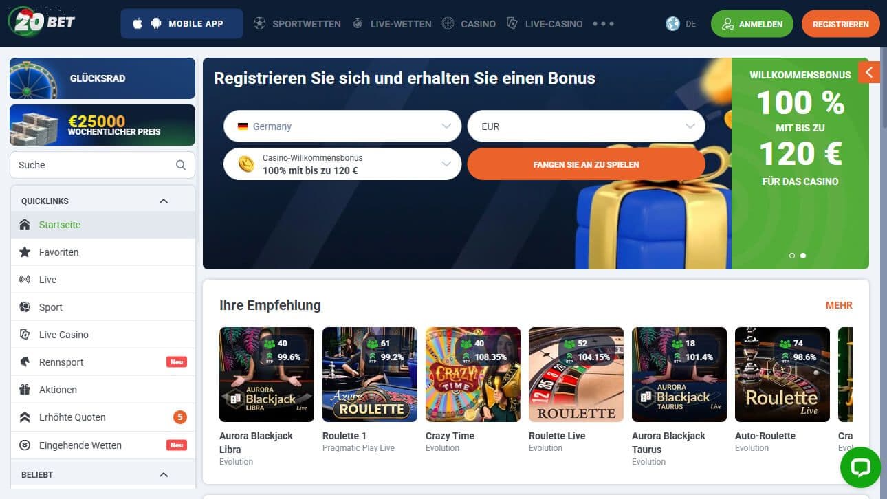 20Bet Homepage Desktop