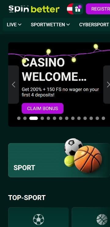 spinbetter homepage mobile