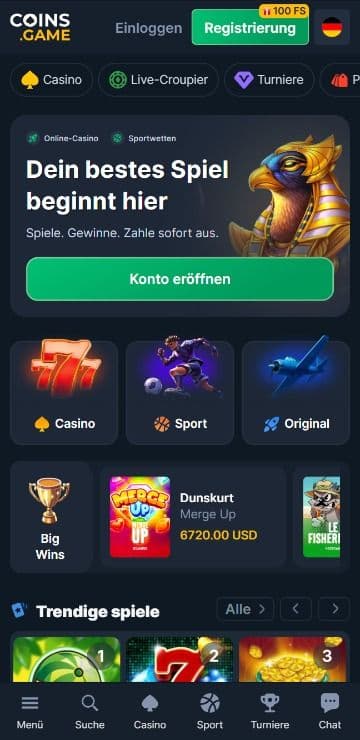 Coins.game Casino Homepage Mobile