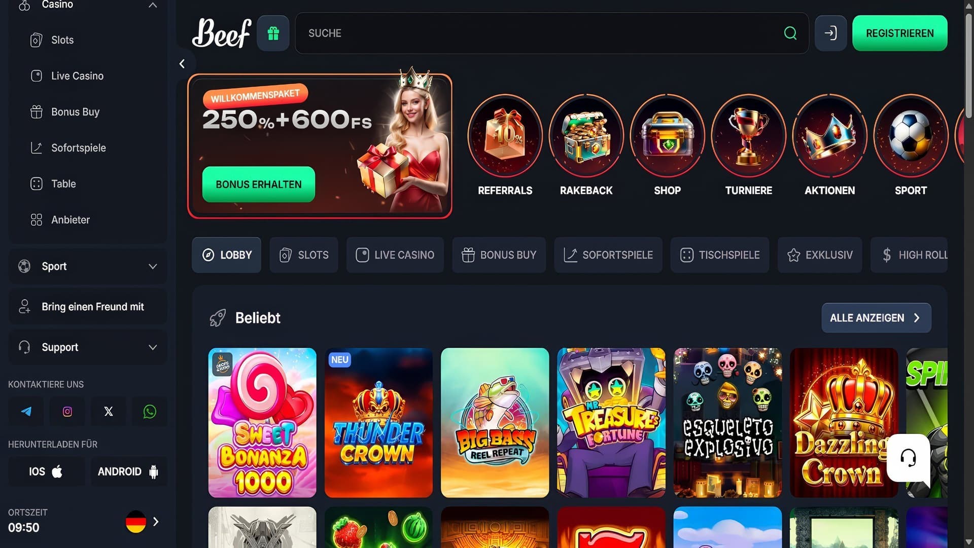 Beef Casino Homepage Desktop