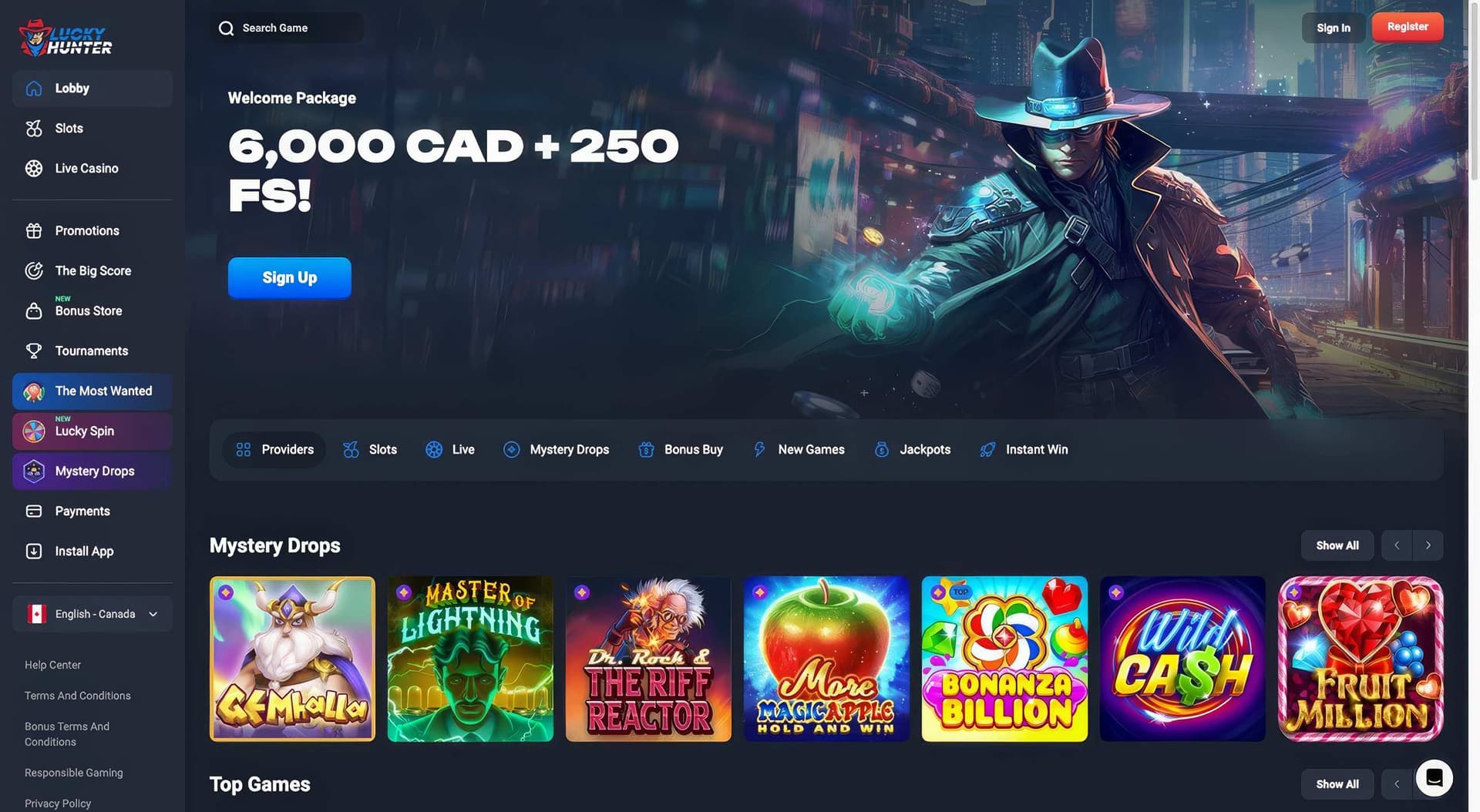 lucky hunter homepage desktop