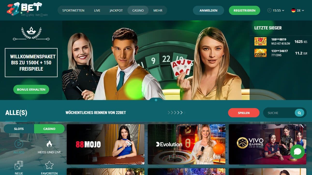 22Bet Homepage Desktop