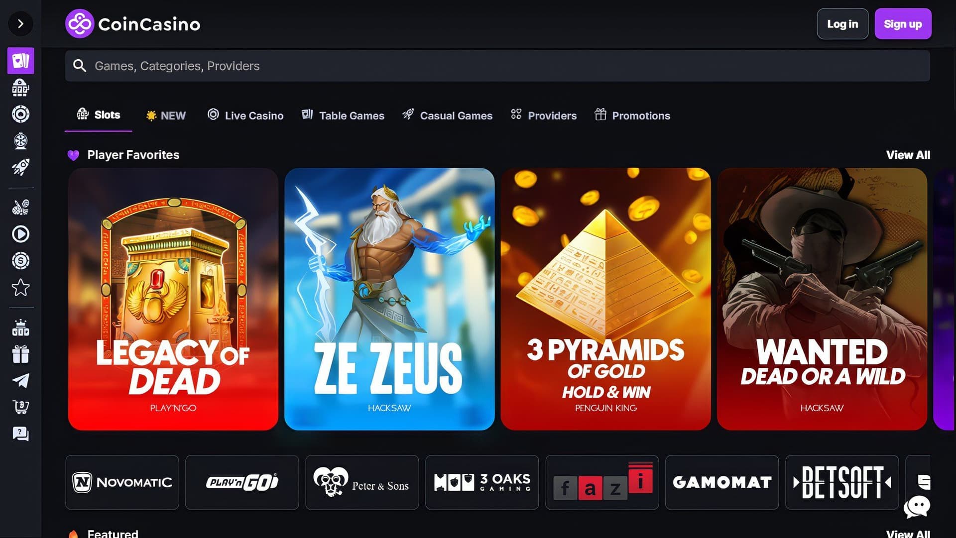 CoinCasino slots page: Player favorites Legacy of Zeus, 3 Pyramids of Gold, Dead or Wild for US players.
