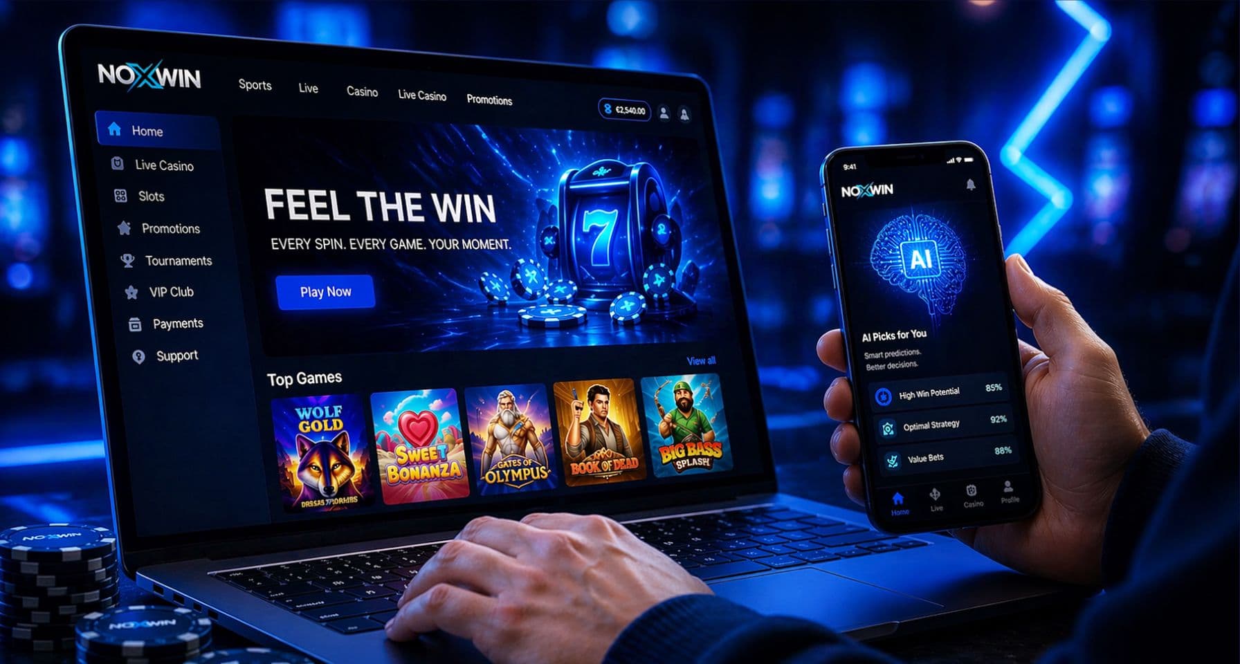 Noxwin casino interface on laptop and phone showing AI powered personalisation.