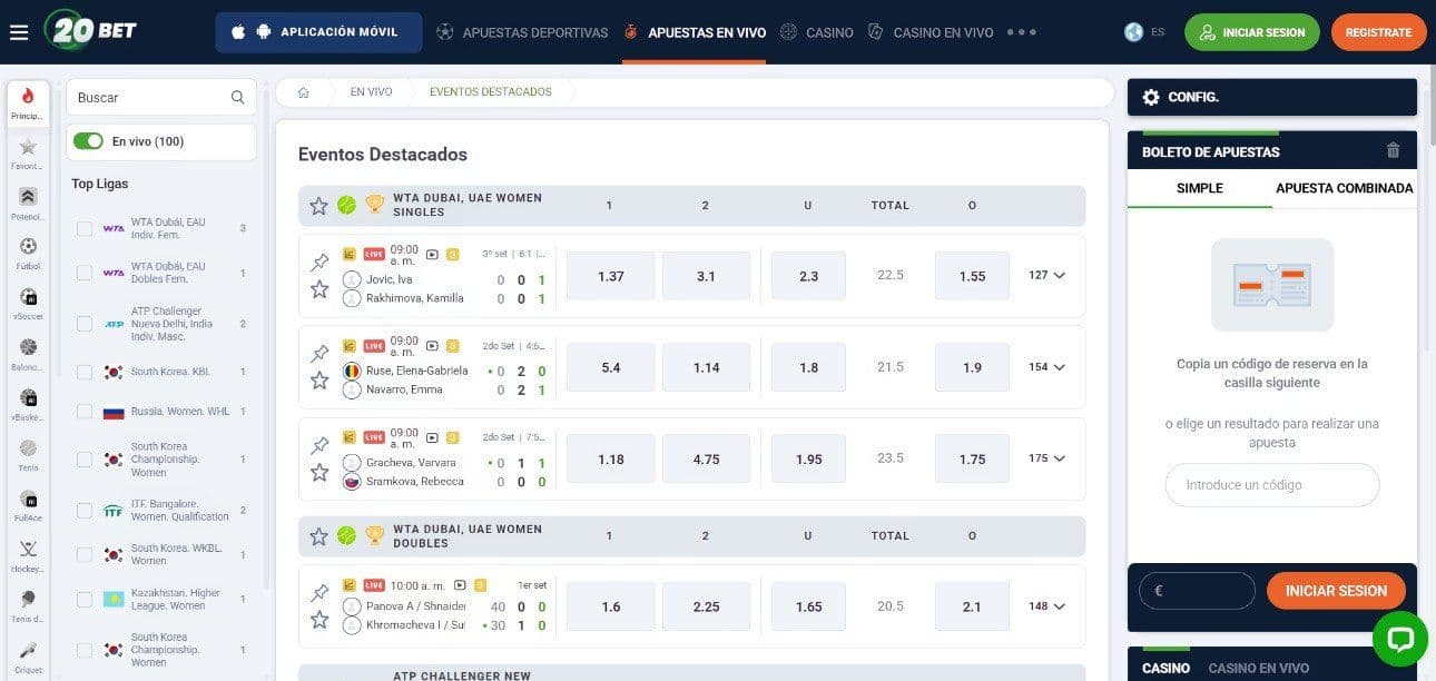 Apuestas en vivo de 20bet