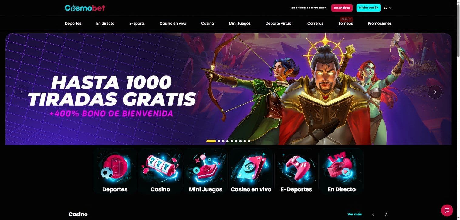 Página de inicio de Cosmobet en desktop.