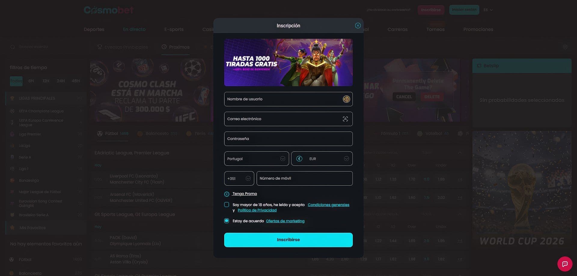 Registro desde escritorio de Cosmobet.