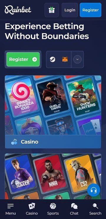 Rainbet Homepage Mobile