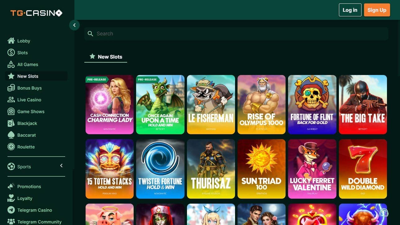 TG Casino new slots page: Charming Lady, Fisherman, Rise of Olympus 1000, Big Take on green Telegram casino desktop view.