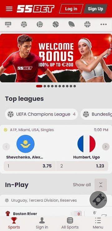 55Bet home mobile