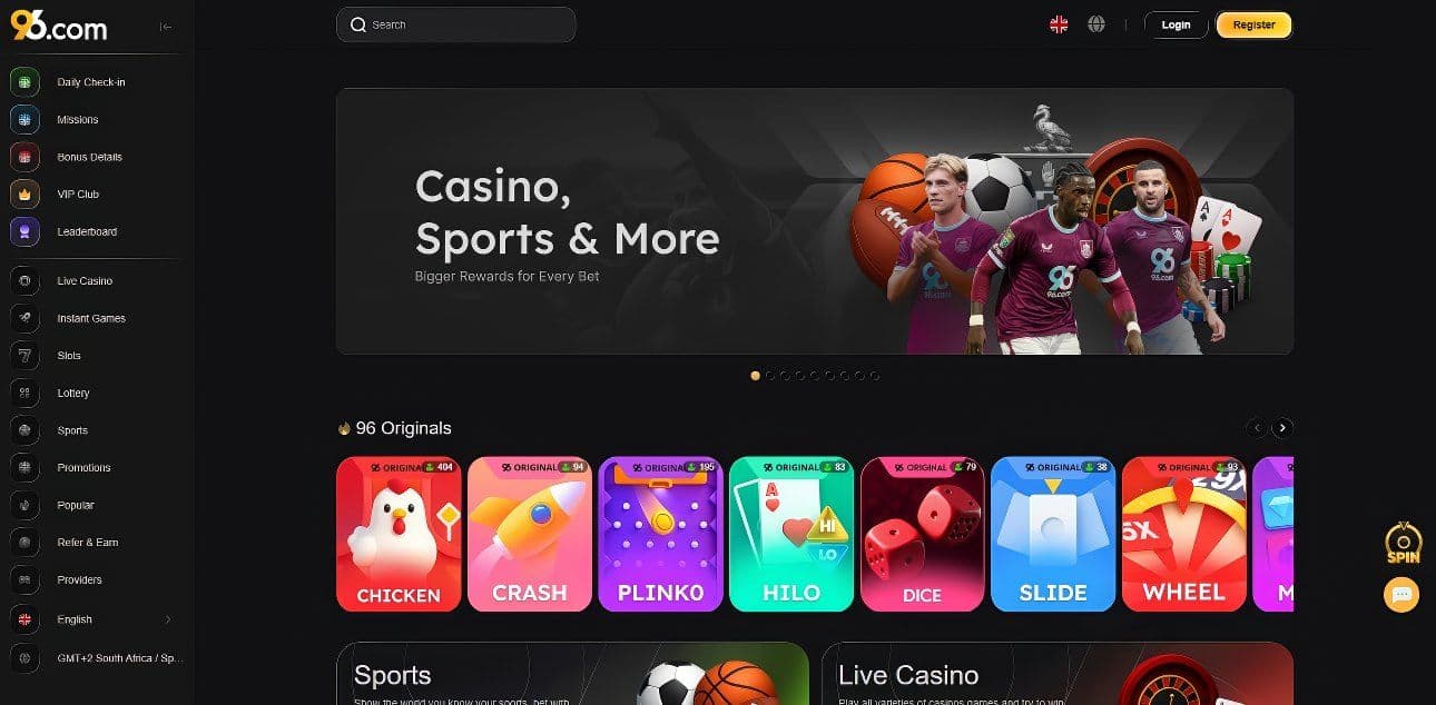 96.com homepage: casino & sports banner, originals like Chicken, Crash, Plinko, search bar.