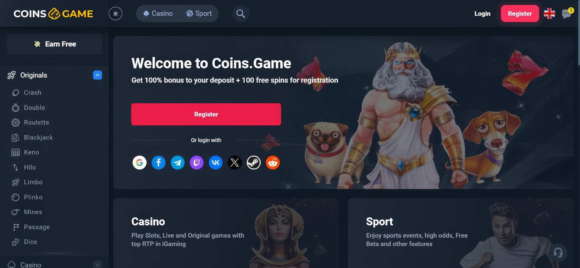 coins.game homepage desktop