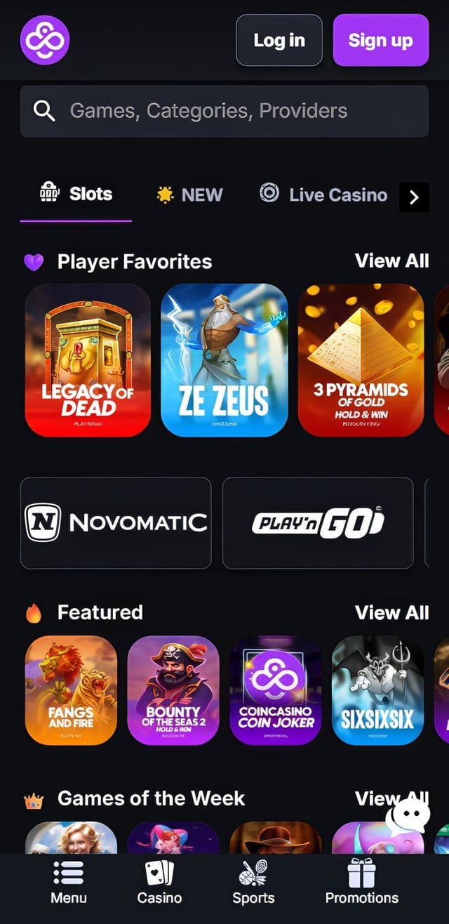 CoinCasino mobile slots page: popular games like Legacy of Zeus, Gates of Olympus, for US crypto casino players.