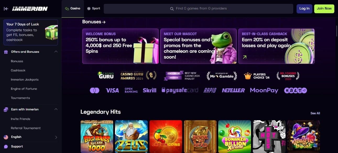 immerion casino homepage desktop