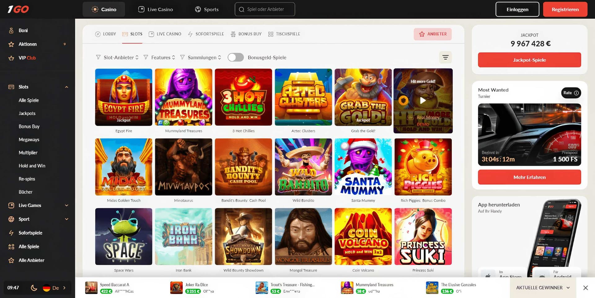 1GO Casino Spielautomaten Desktop