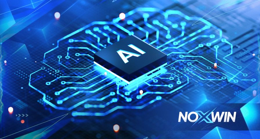 AI in Online Casinos cover image showing a glowing blue AI chip on a circuit board. Noxwin insights.