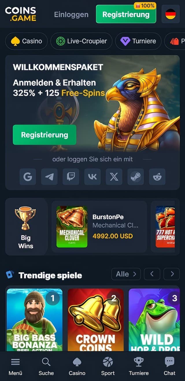 Coins.game Casino Homepage Mobile
