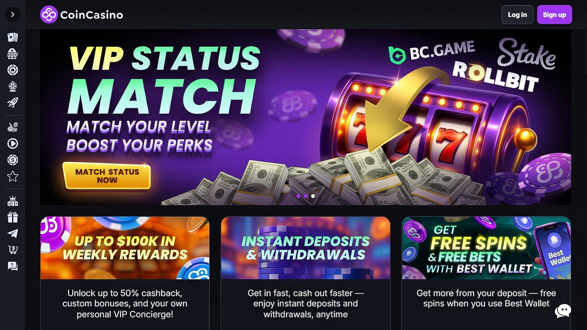 CoinCasino homepage: VIP status with up to $10K weekly rewards, instant crypto deposits, free spins for US players.