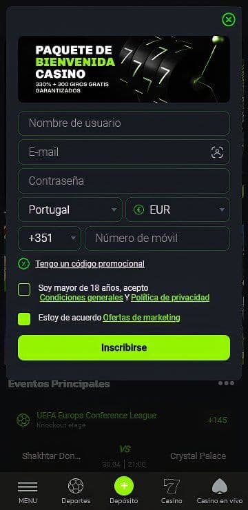 Registro en Velobet mobile.